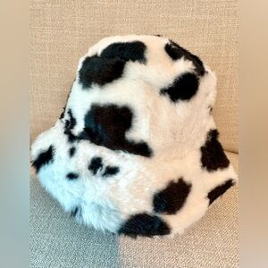 New Cozy Cow Print Black & White Winter Faux Fur Bucket Style Hat - Adult Size